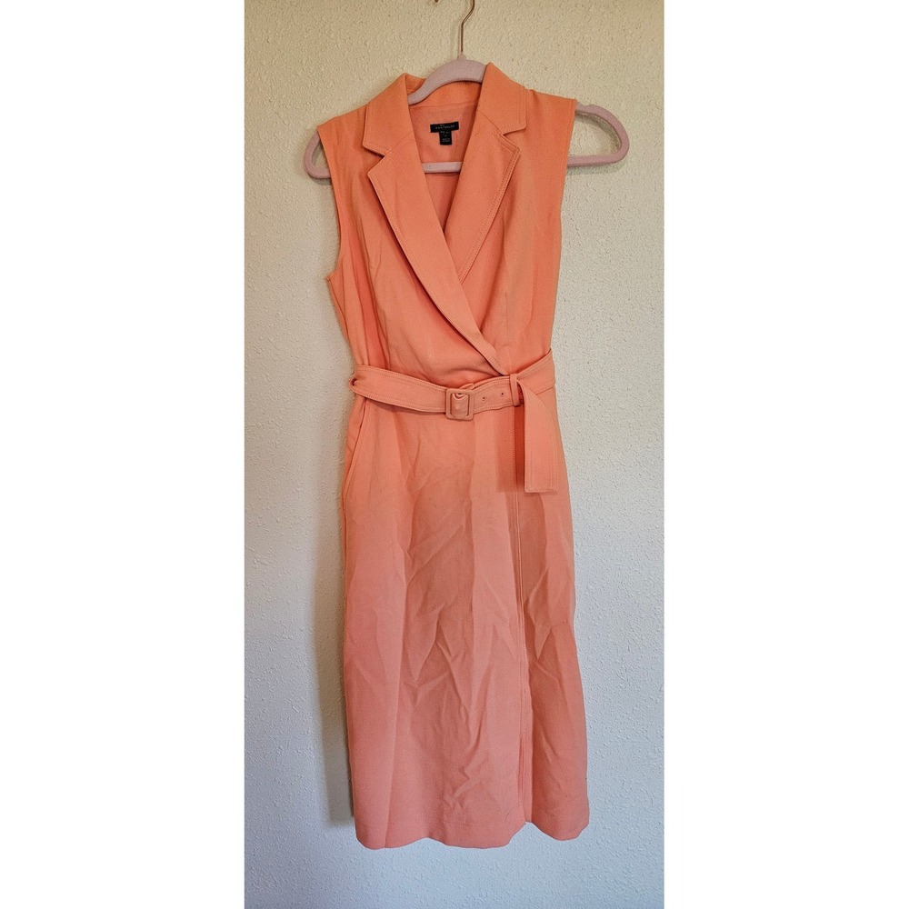 Ann Taylor Coral Sleeveless Belted Sheath Wrap Dress Womens XS Peach
